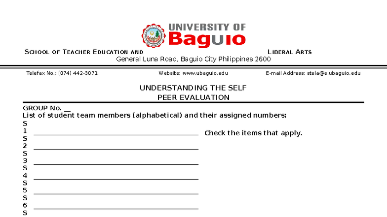 Peer Evaluation Template for Understanding the Self Course - Studocu
