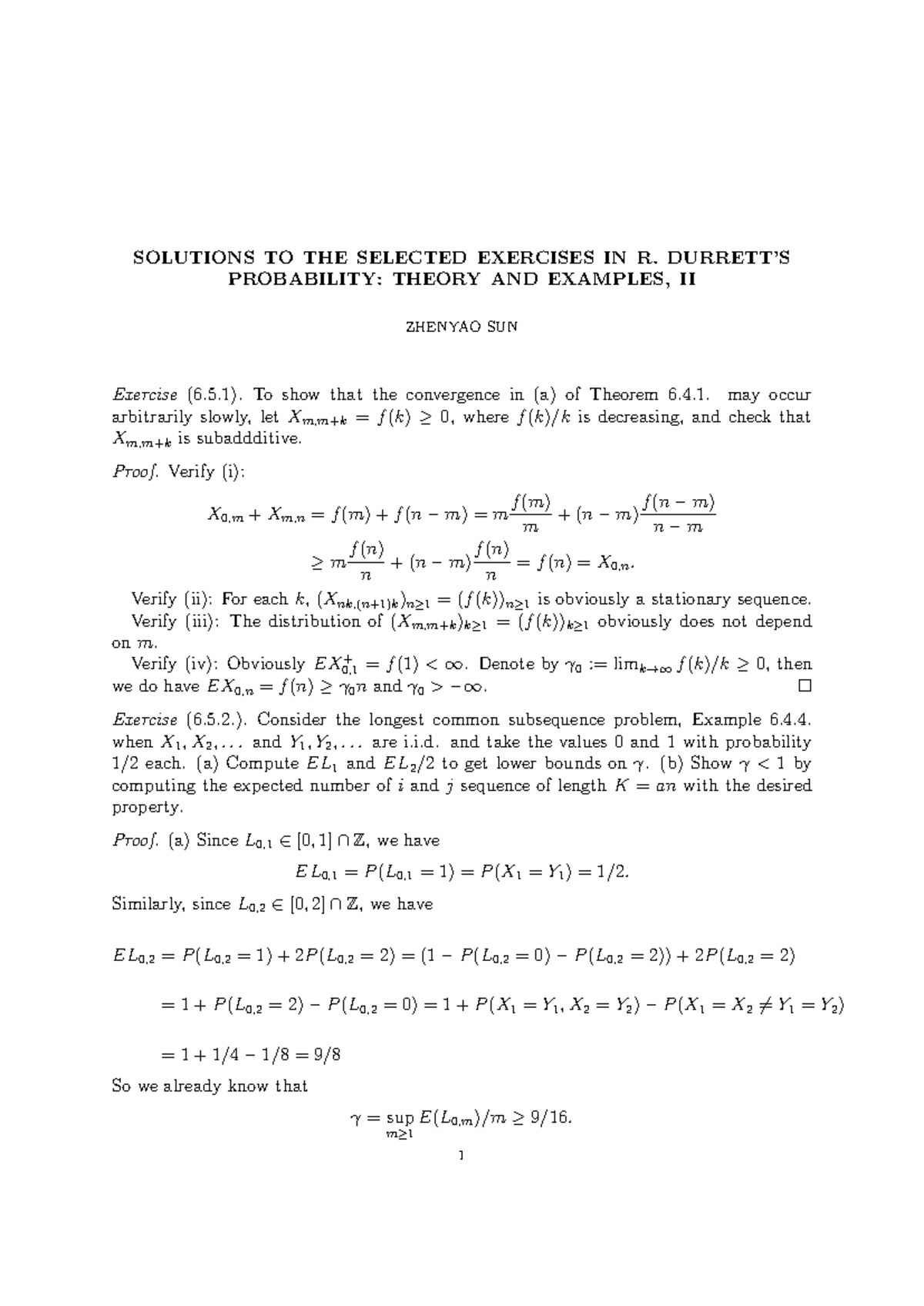 Solutions to Selected Exercises from Durrett's Probability Theory (4th ...