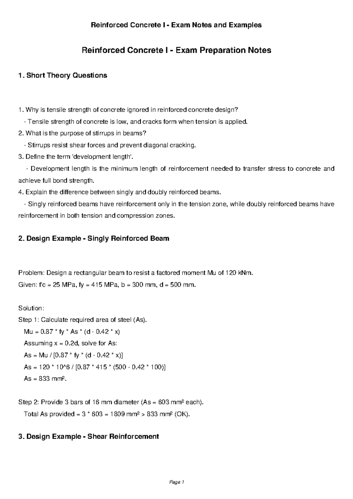 Reinforced Concrete I (RC I) Exam Notes & Design Examples - Studocu