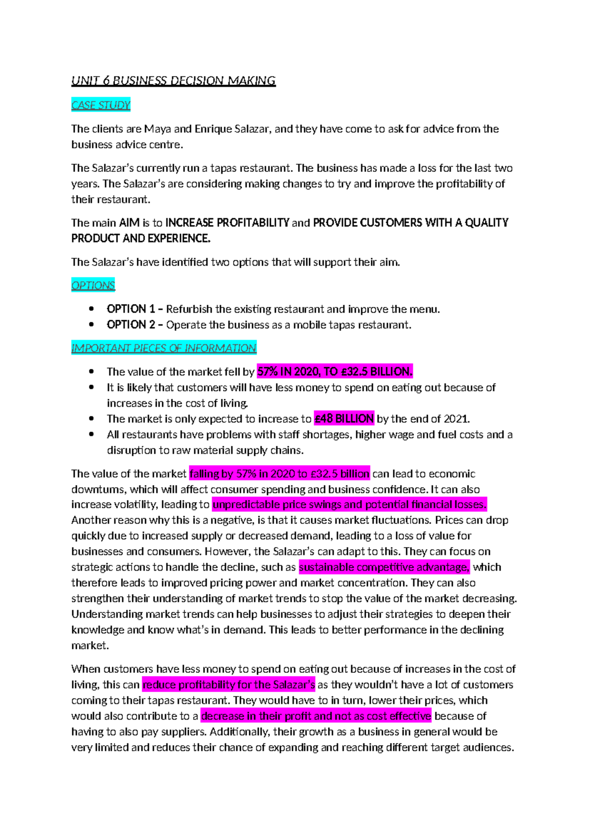 UNIT 6 Business Decision Making Case Study: Salazar's Restaurant ...