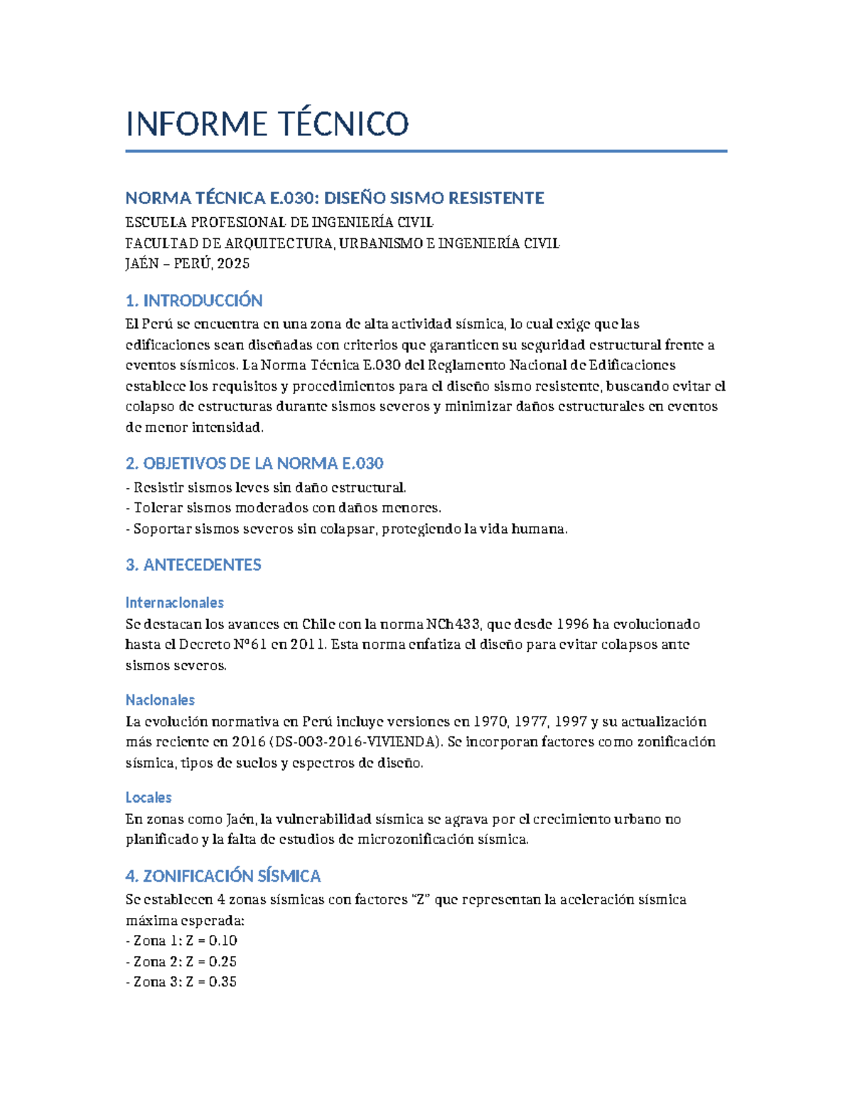 Informe Técnico Norma E.030: Diseño Sismo Resistente en Perú - Studocu