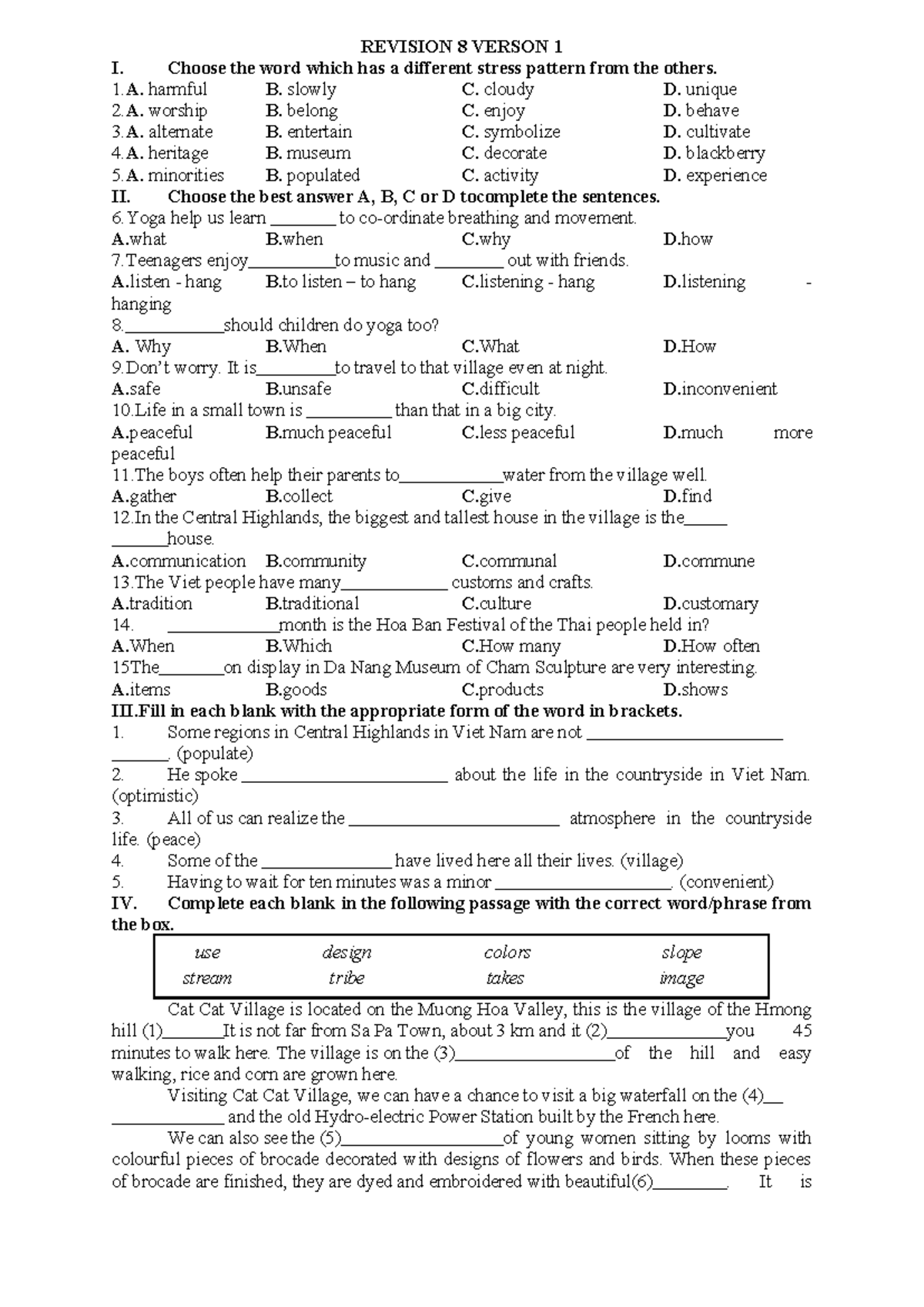 Revision 8 Version 1: Vocabulary and Grammar Exercises - Studocu