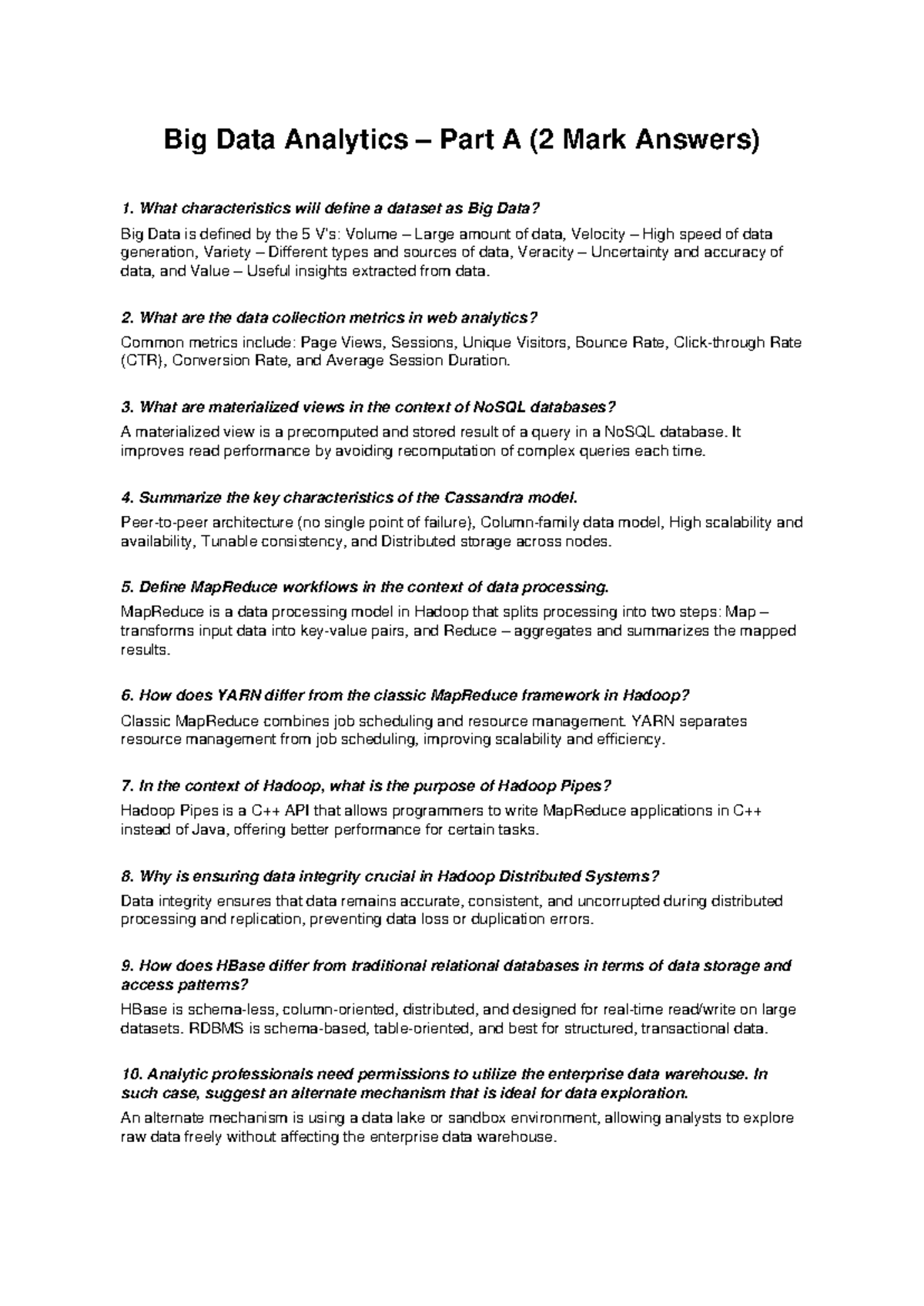 Big Data Analytics (Course Code) Part A: 2 Mark Answers - Studocu
