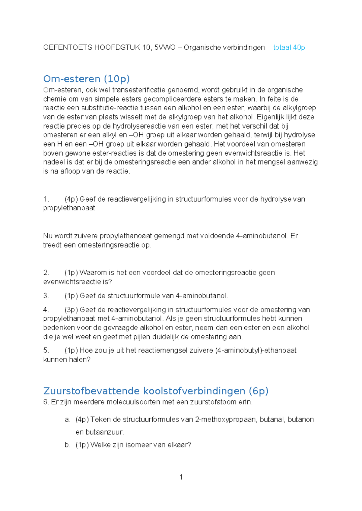 Oefentoets H10: Organische Verbindingen en Transesterificatie 5VWO ...