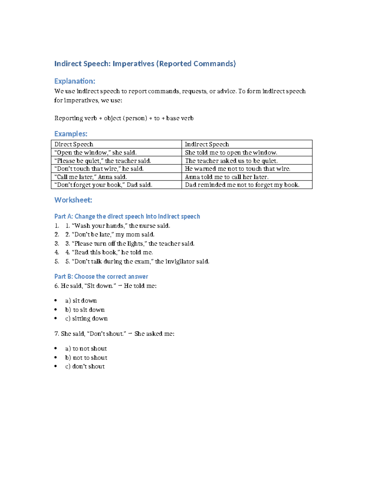 Indirect Speech Imperatives Quiz (Reported Commands) - Studocu