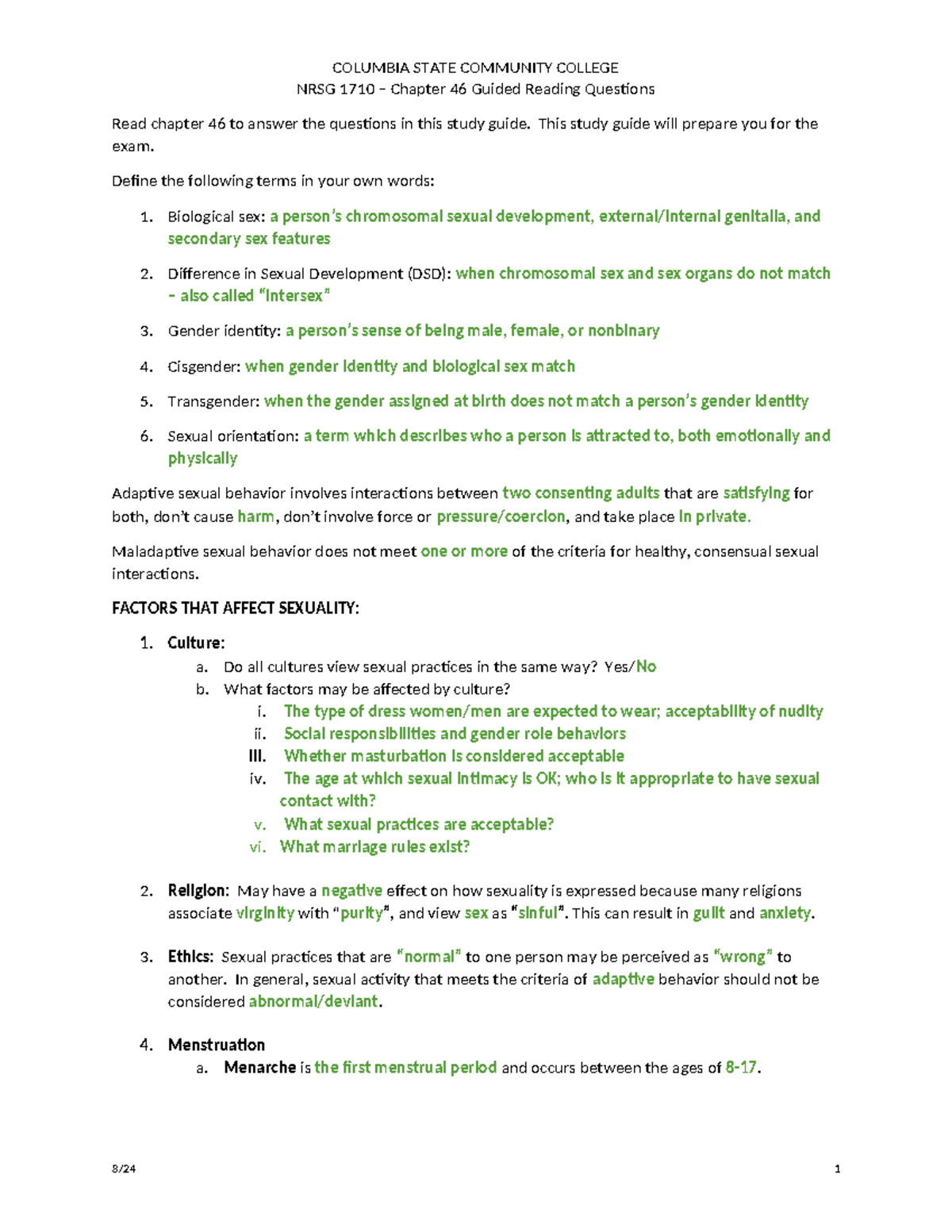 NRSG 1710 - Ch 46 Sexuality Study Guide & Key Concepts Review - Studocu