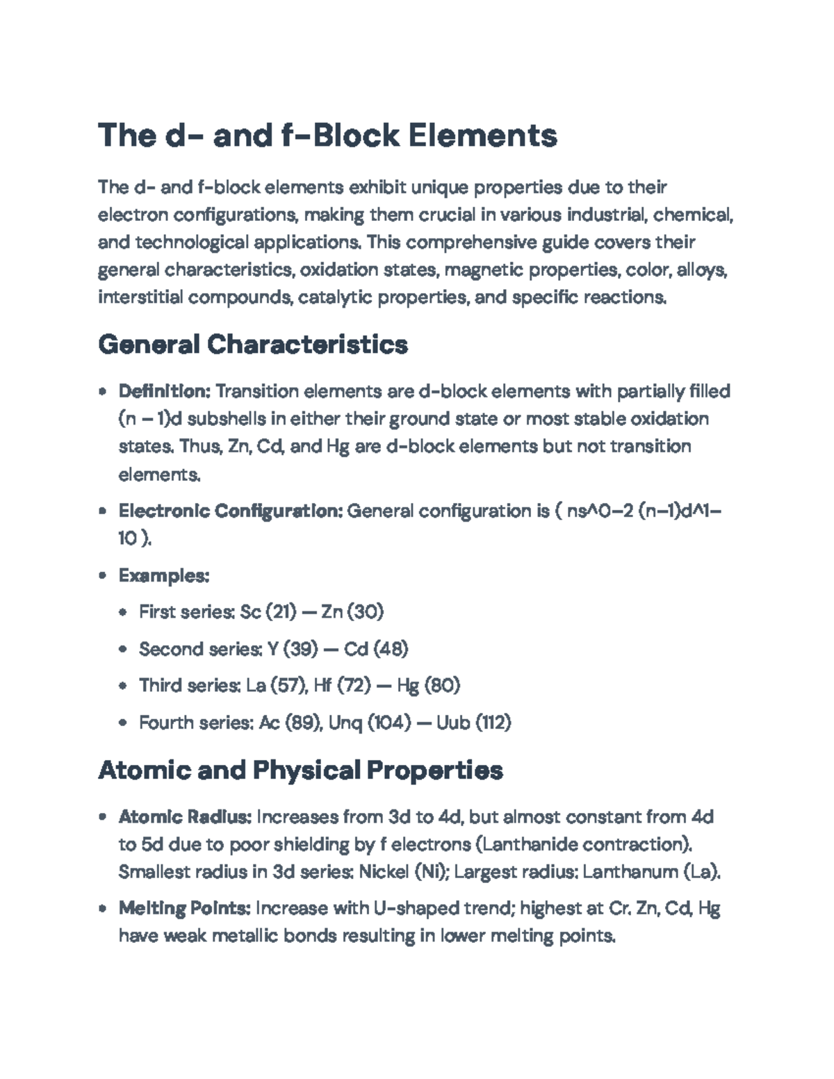 Exploring the d- and f-Block Elements: Properties and Applications ...