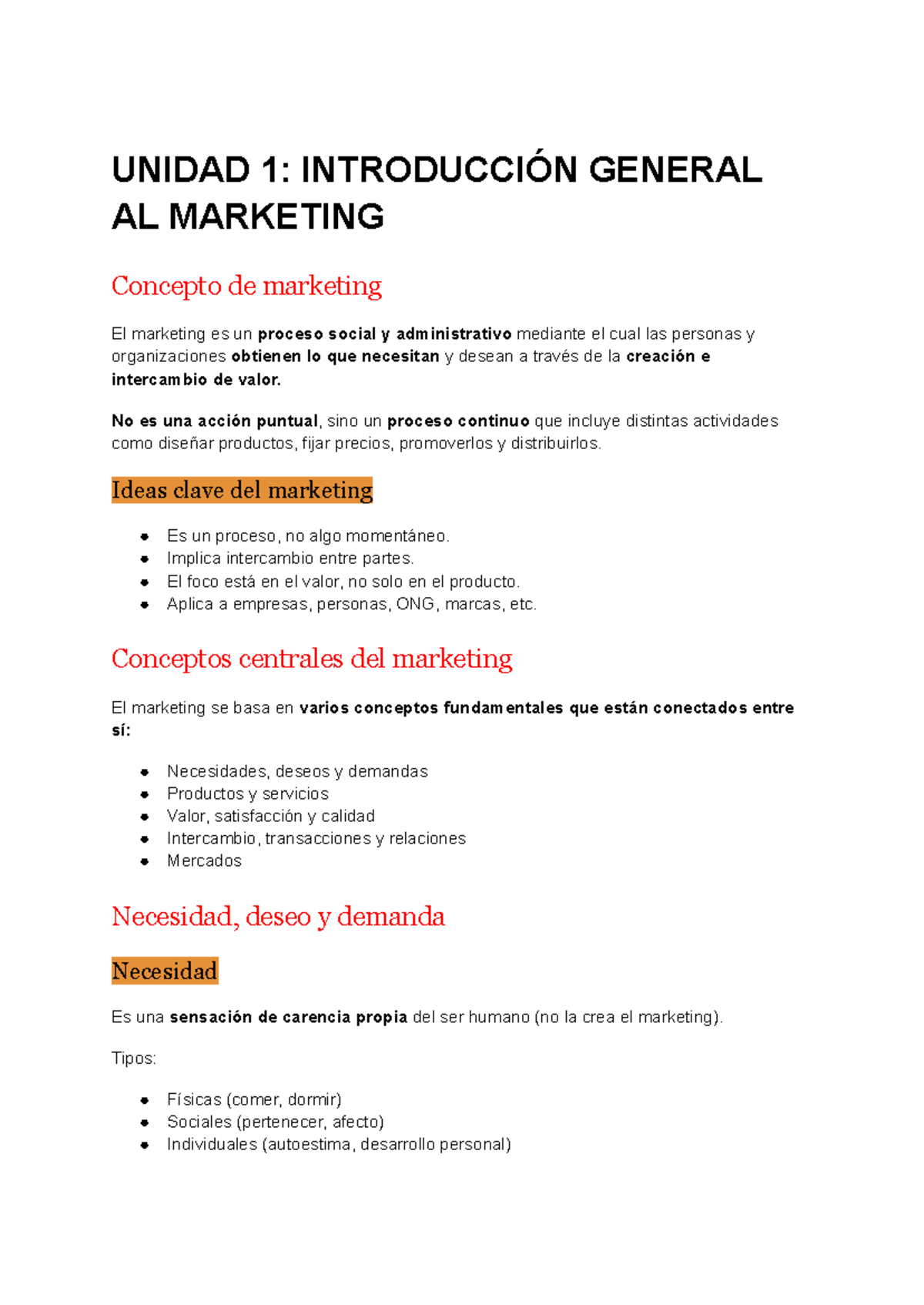 Resumen de Marketing: Conceptos Clave y Estrategias (UNIDAD 1) - Studocu