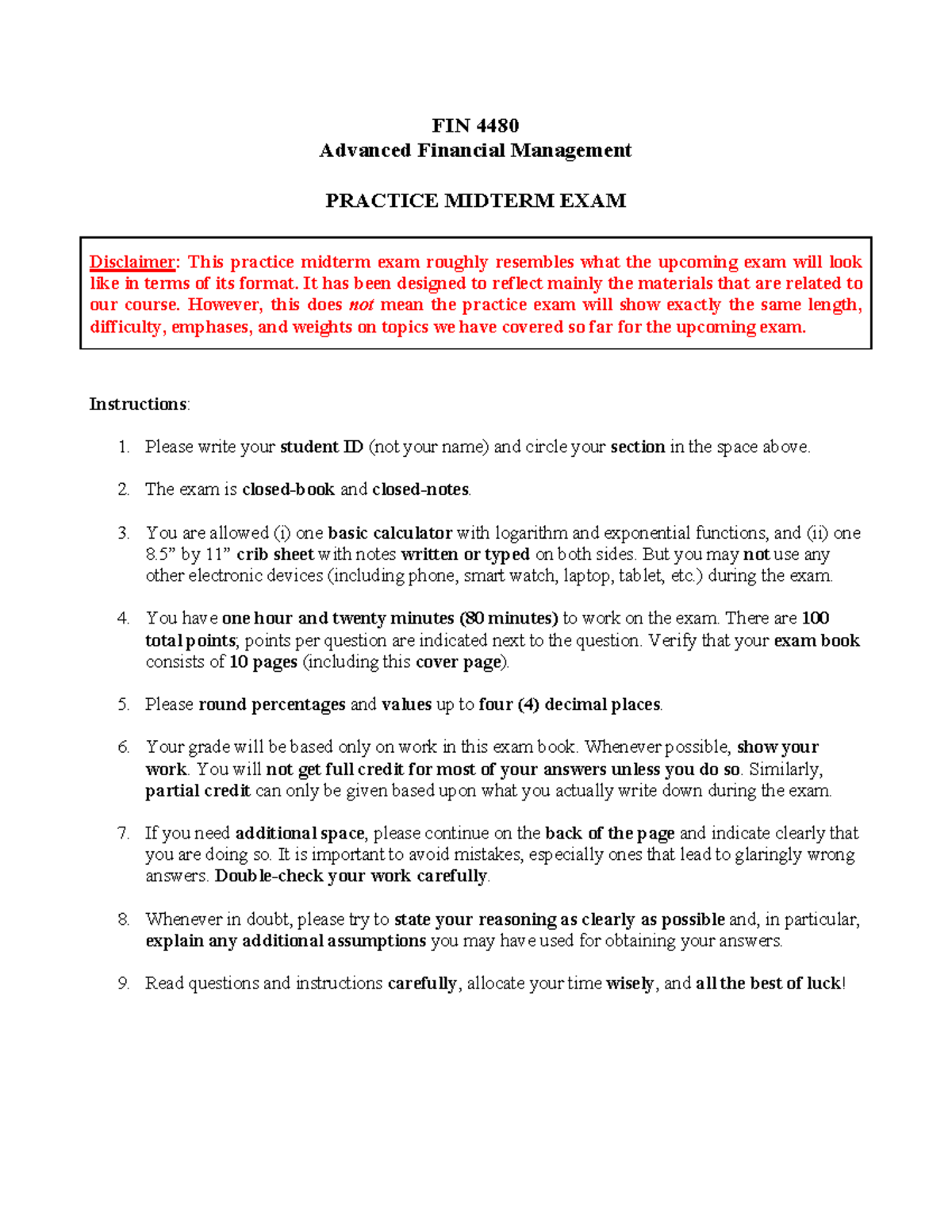 FIN 4480 Advanced Financial Management Practice Midterm Exam Spring ...