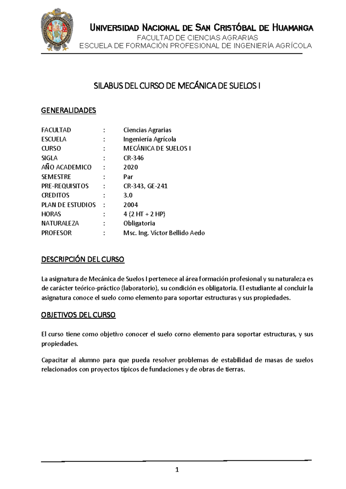 Sílabo del Curso CR- Mecánica de Suelos I - Semestre Par 2020 - Document Preview