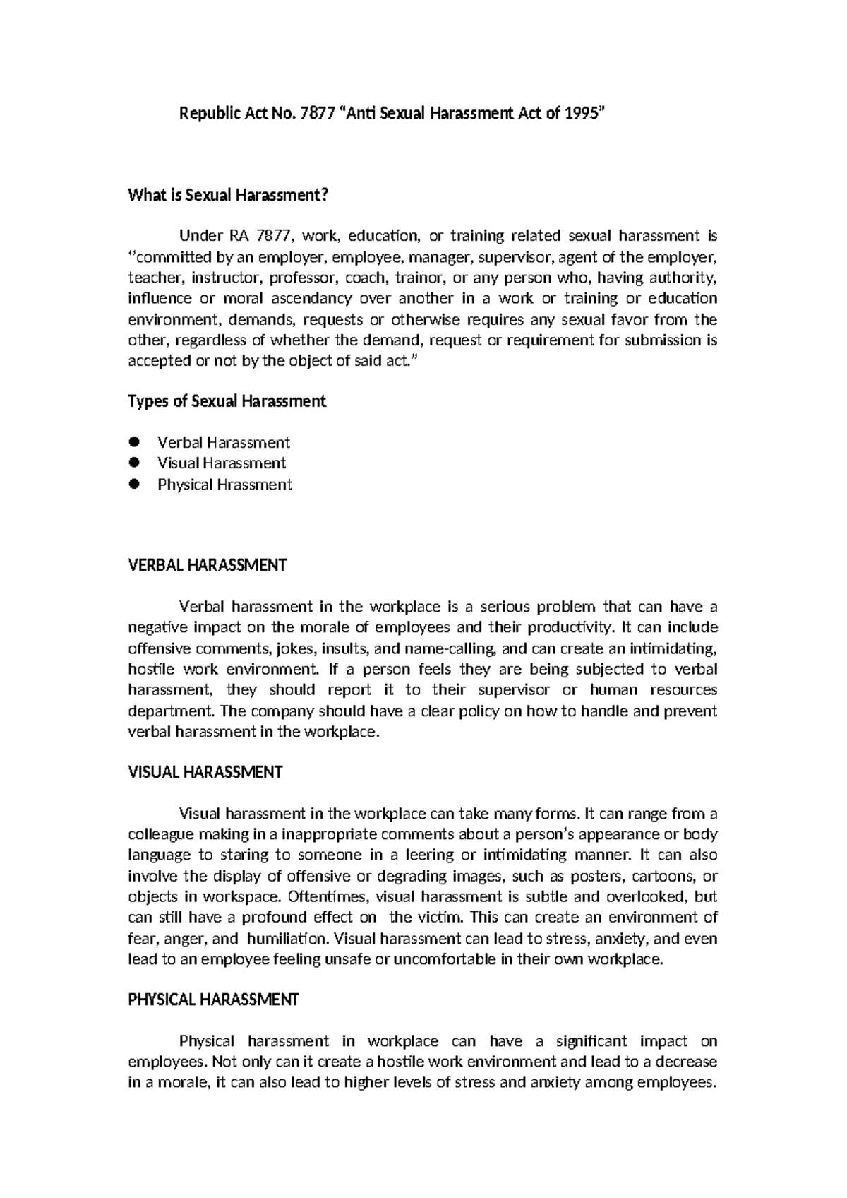 Republic Act No. 7877: Anti-Sexual Harassment Act Overview - Studocu