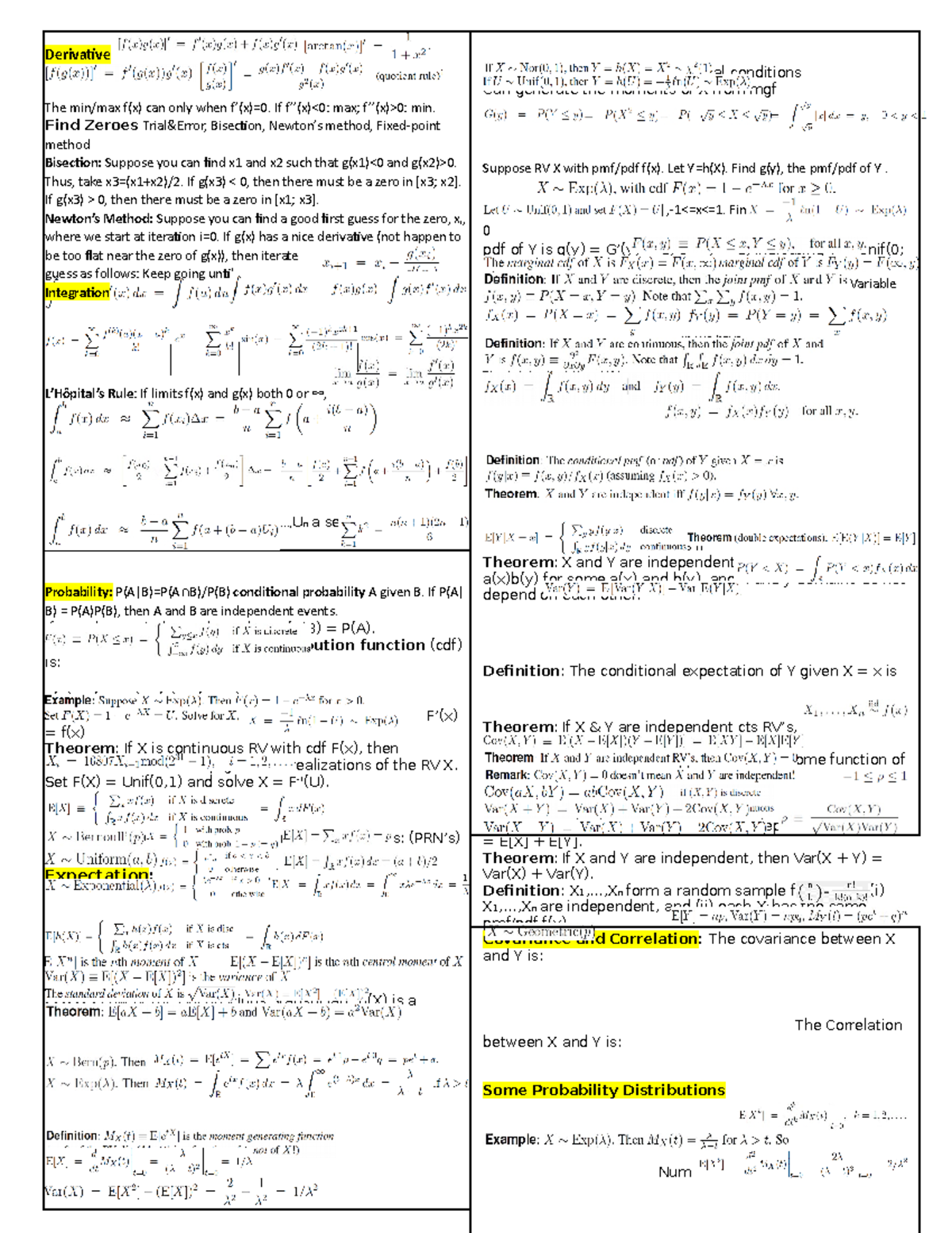 6644 MT1 Comprehensive Cheat Sheet on Derivatives & Probability ...