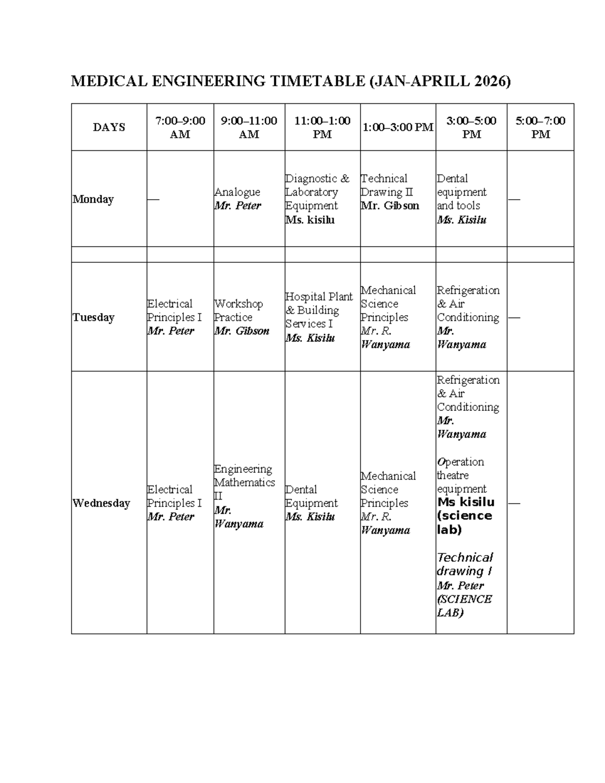 MED 2026 Engineering Department Timetable - Studocu
