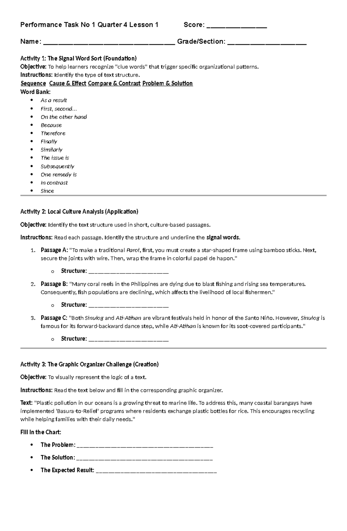 Grade 7 Performance Task No. 1: Text Structure Activities - Studocu