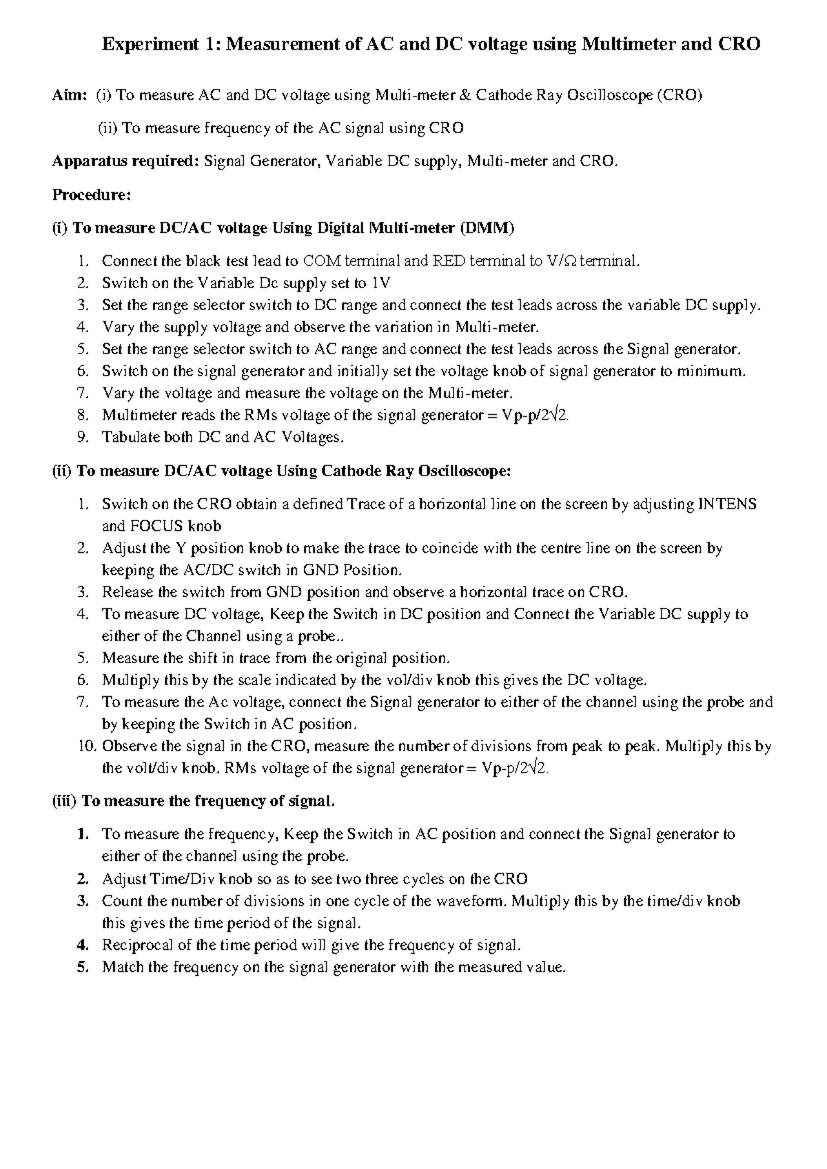 Electronics Lab Manual Experiments On Voltage Measurement Logic