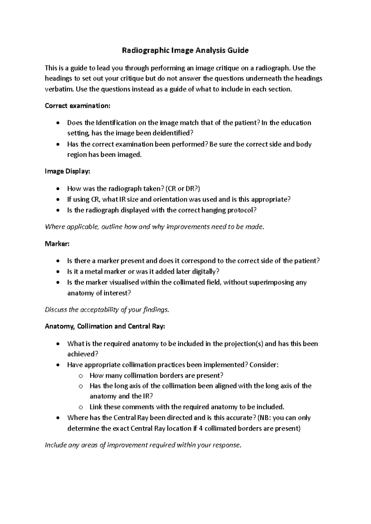 Radiographic Image Analysis Guide: Performing Effective Critiques - Studocu