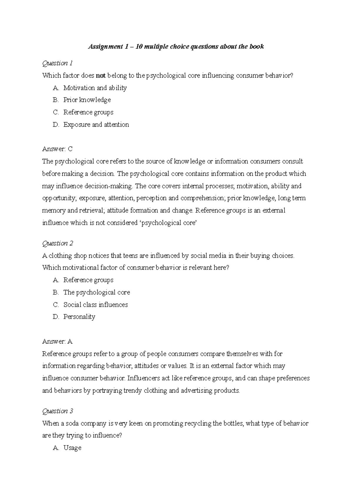 Assignment 1 - 10 MCQs on Consumer Behavior Concepts - Studeersnel