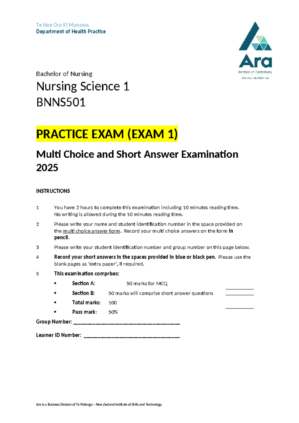 BNNS501 Nursing Science 1 Practice Exam 1: MCQ & Short Answers - Studocu