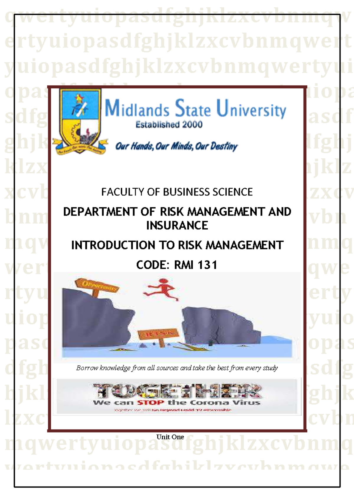 RMI 131: Introduction to Risk Management - Unit One - Studocu