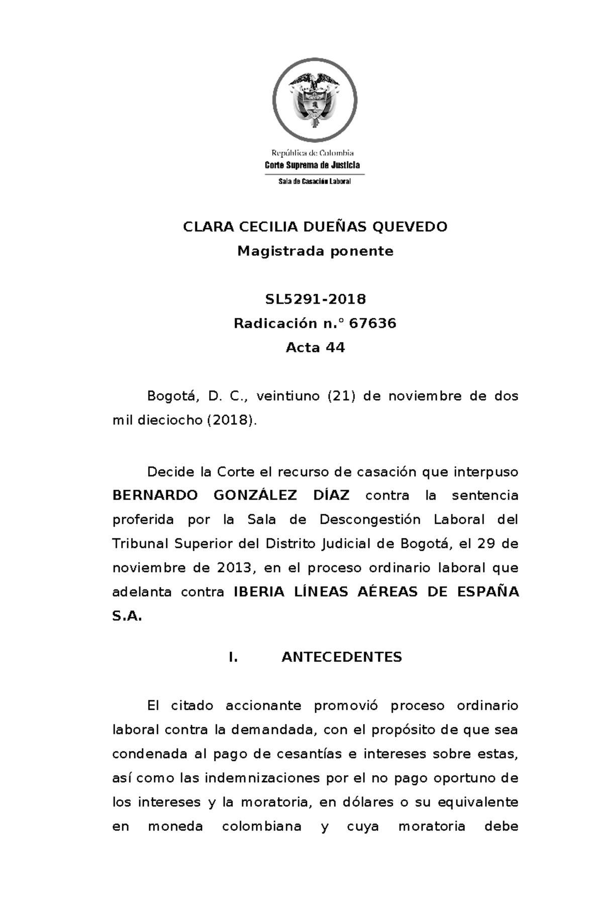 SL5291-2018 - Sentencia sobre Recurso de Casación Laboral - Document Preview
