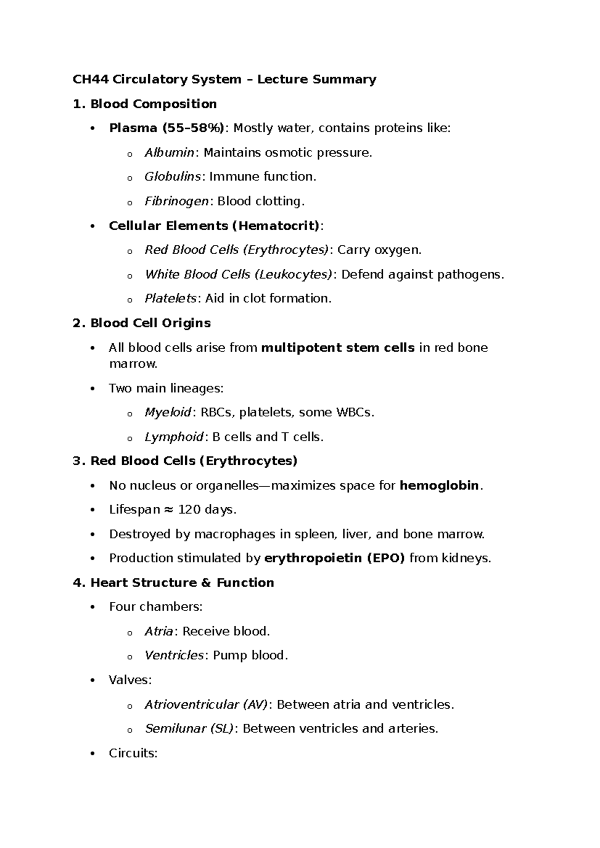 CH44 Circulatory System Lecture Summary and Key Concepts - Studocu