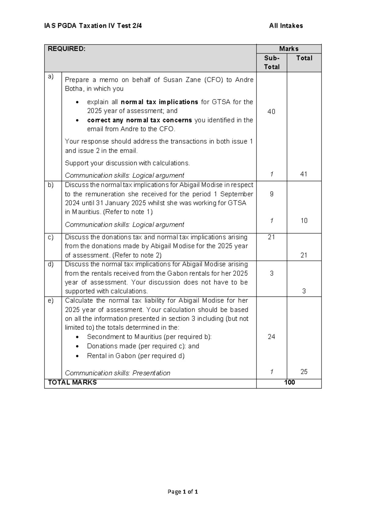 IAS PGDA 2022 Taxation Test 2: Tax Implications Memo & Calculations ...