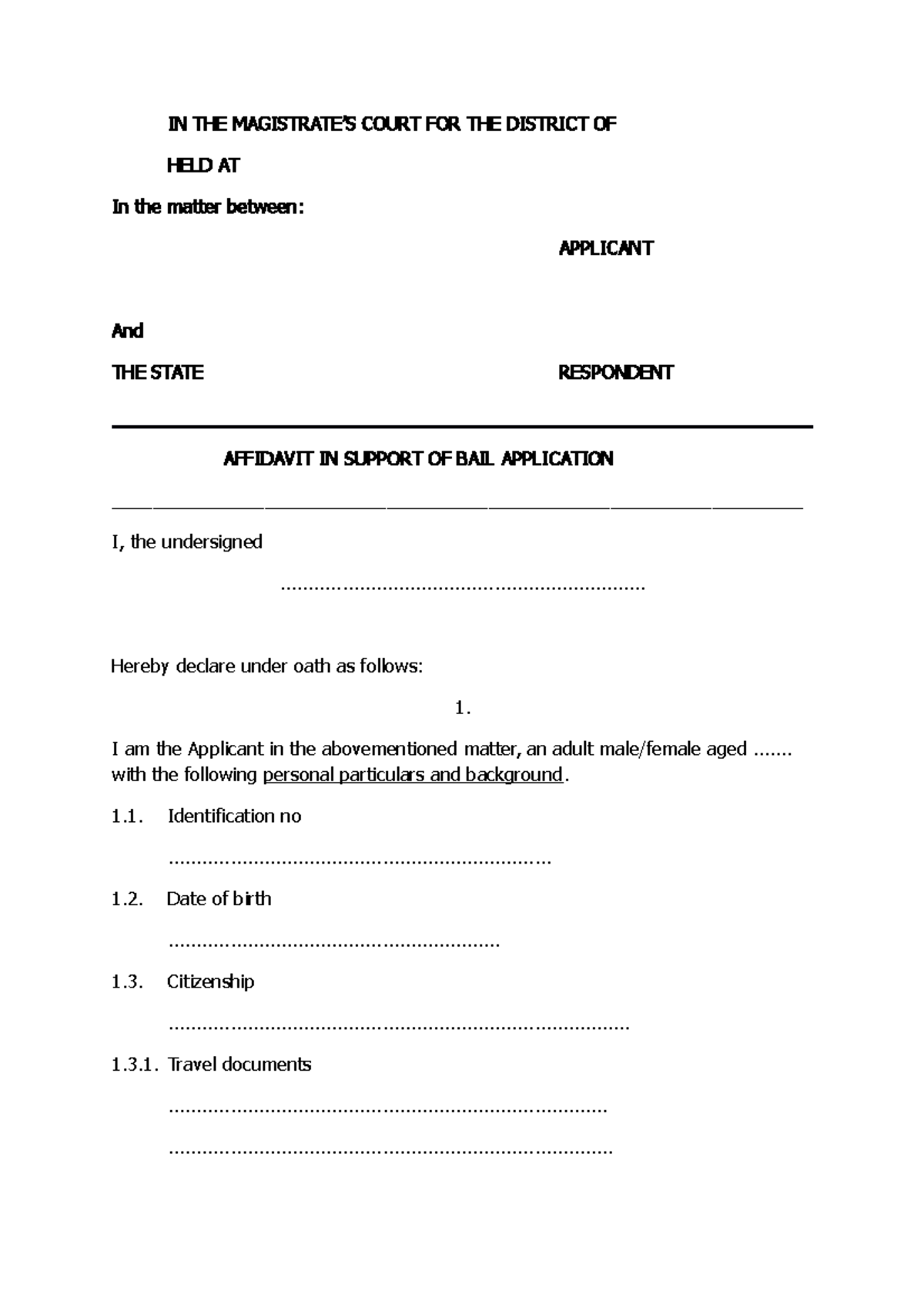 Affidavit Supporting Bail Application in Magistrate’s Court - Studocu
