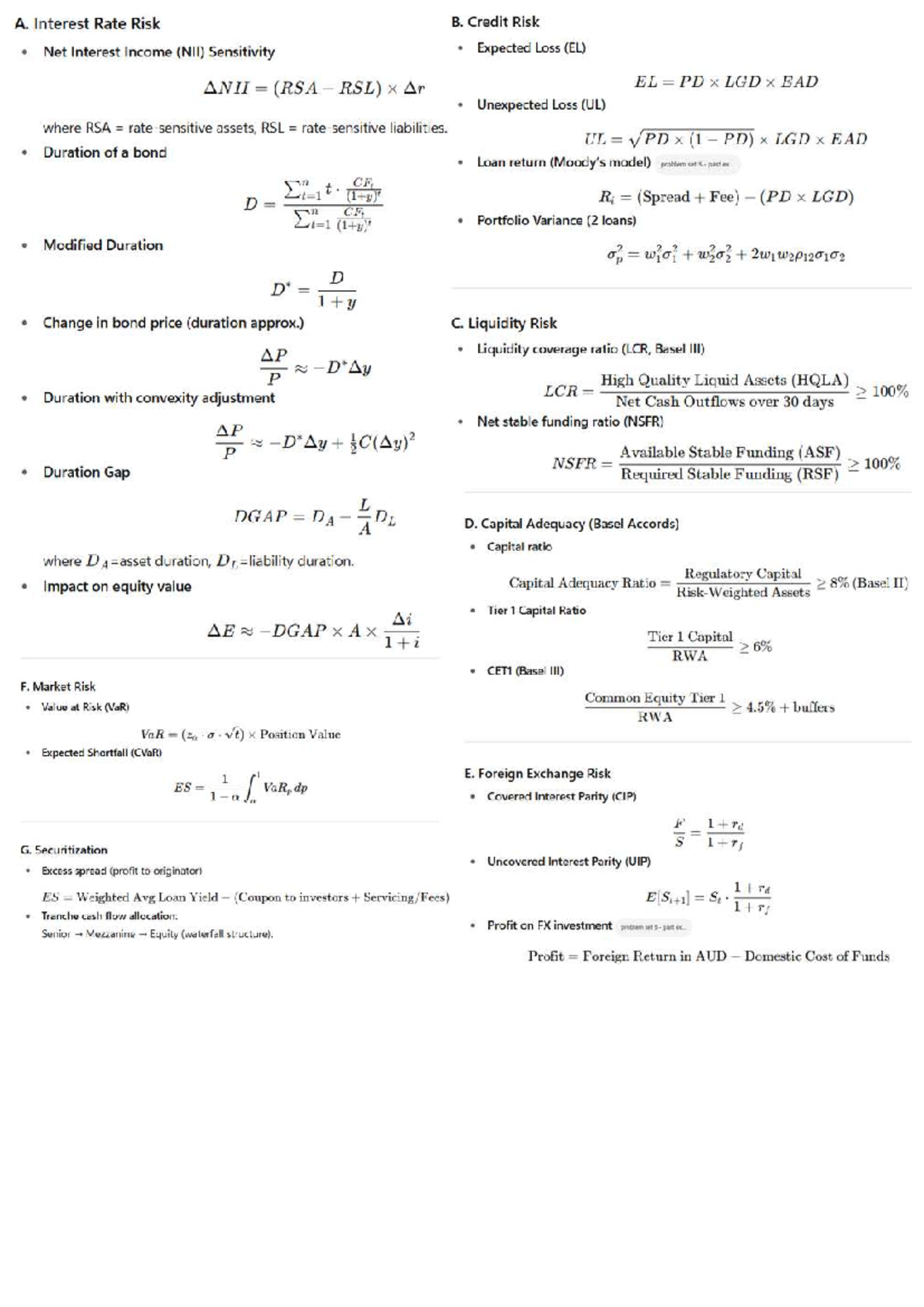 FINS3630 Final Formula Sheet: Risk Management Concepts - Studocu
