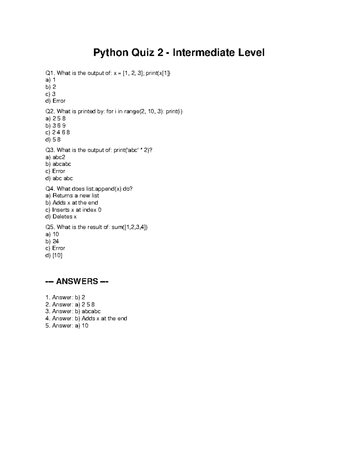 Python Quiz 2: Intermediate Level Questions and Answers - Studocu