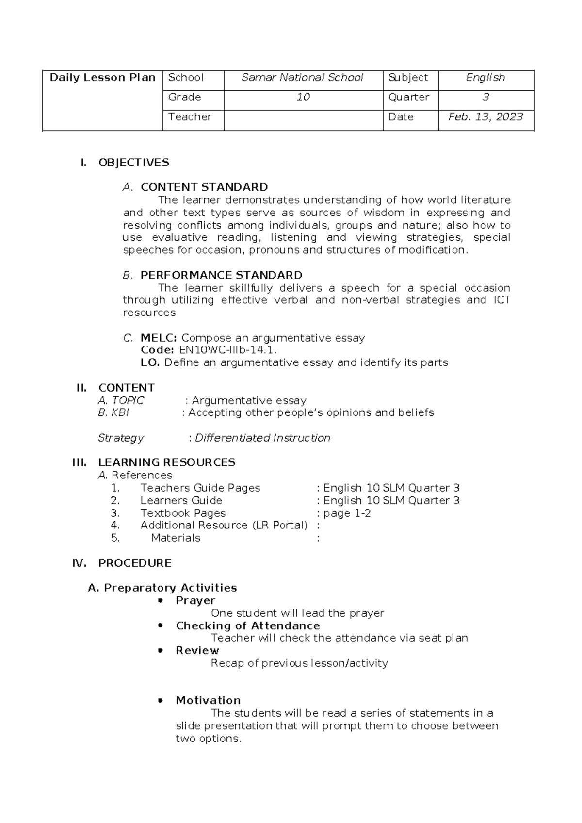 Quarter 3 Lesson Plan: Argumentative Essay - English 10 - Studocu