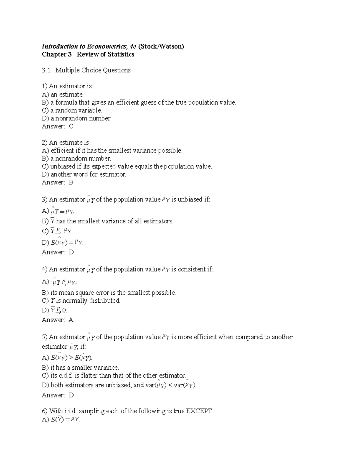 Chapter 3 Econometrics Practice MC - Introduction to Econometrics, 4e ...