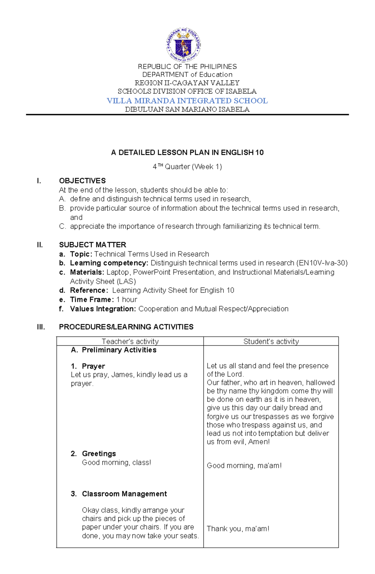 A Detailed Lesson PLAN IN English 10 - DEPARTMENT of Education REGION ...