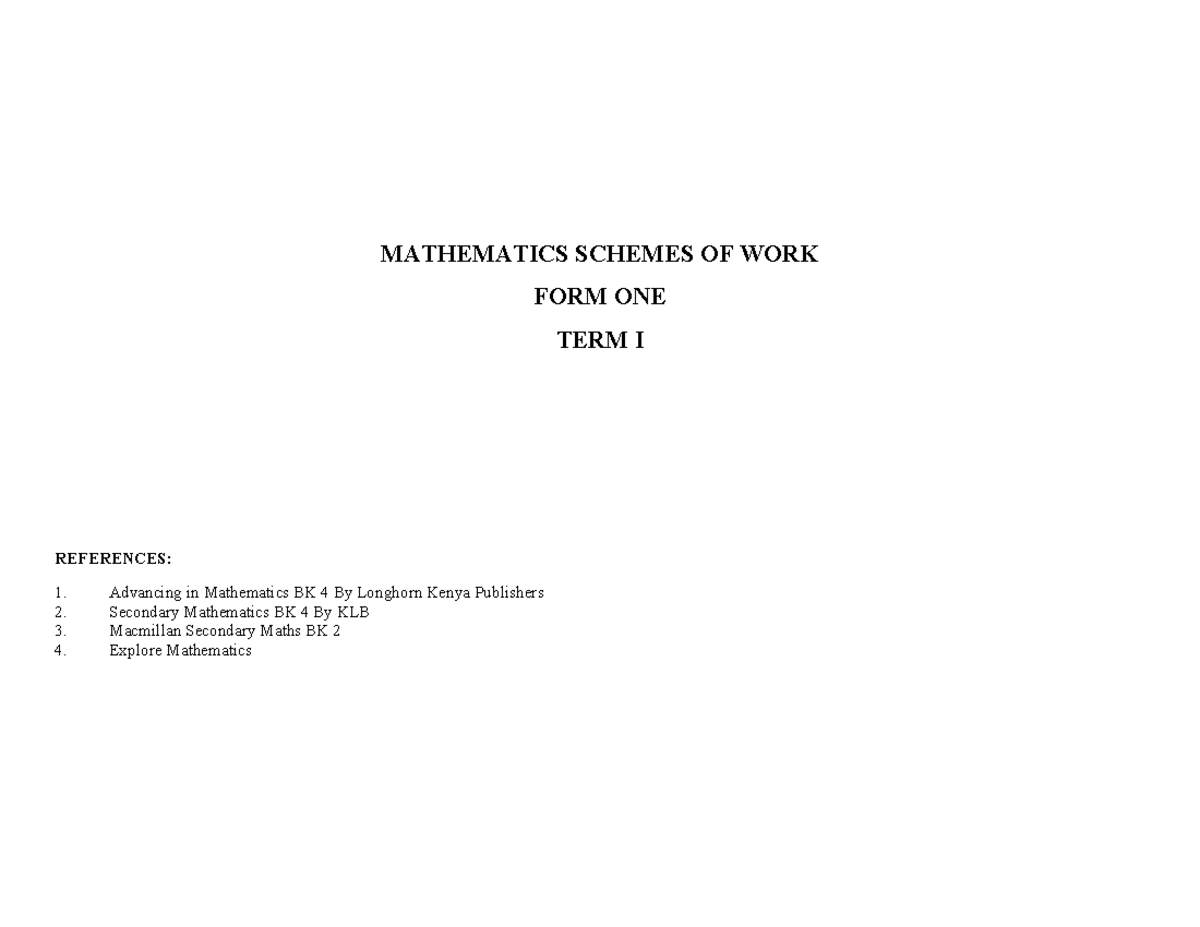 MATHEMATICS SCHEMES OF WORK FORM ONE TERM I & II T123 - Studocu