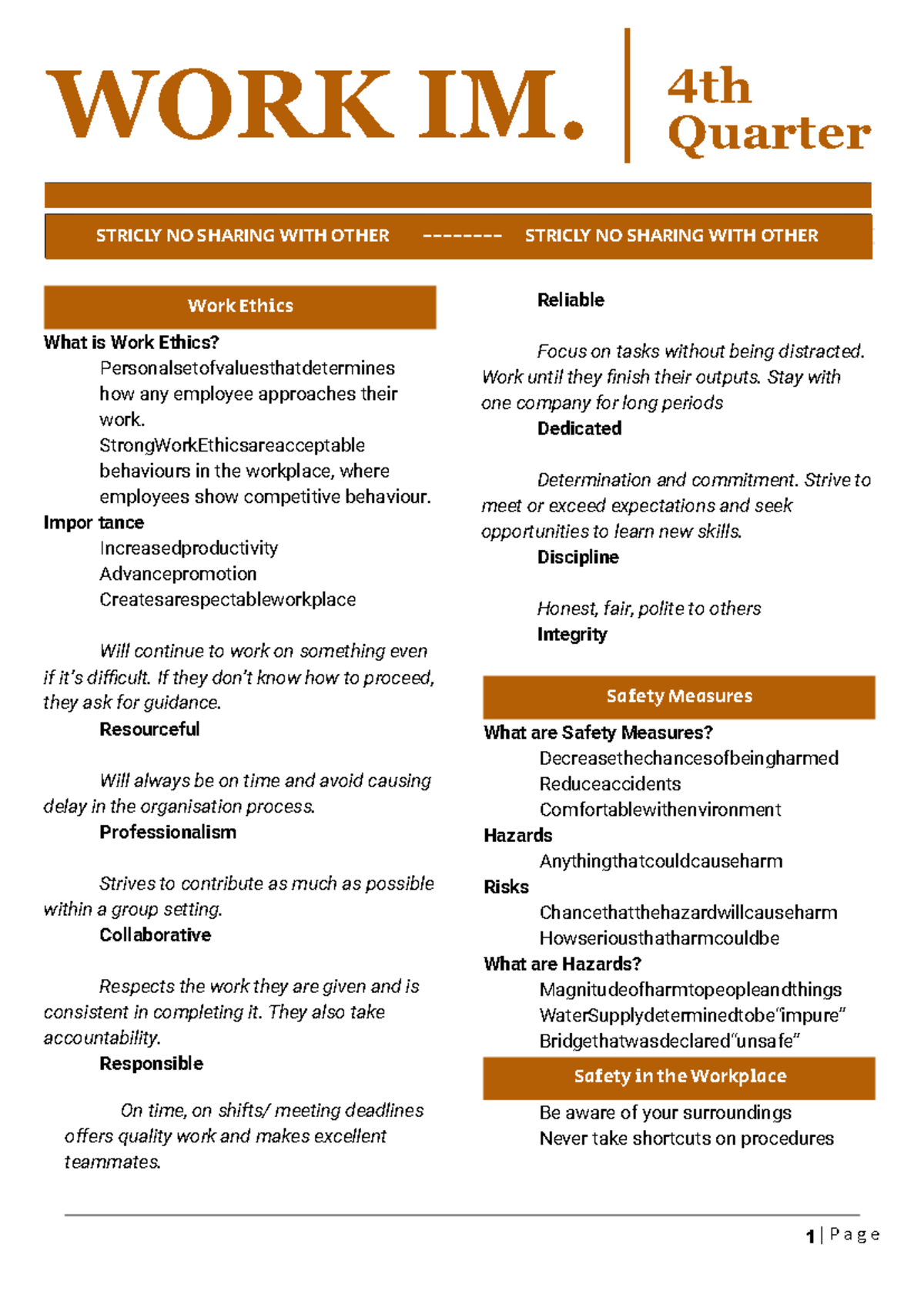 Work Ethics and Safety Measures - 4th Quarter Overview - Studocu