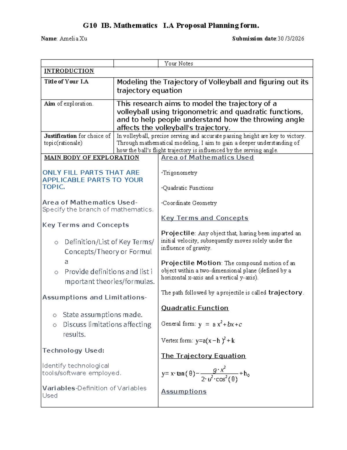 G10 IB Mathematics I.A Proposal: Modeling Volleyball Trajectory - Studocu