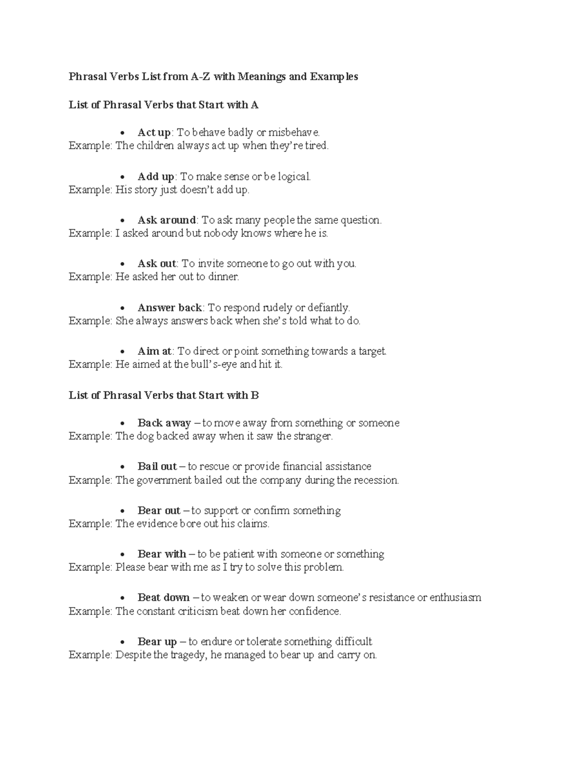 702012 Phrasal Verbs: Comprehensive A-Z List with Examples - Studocu