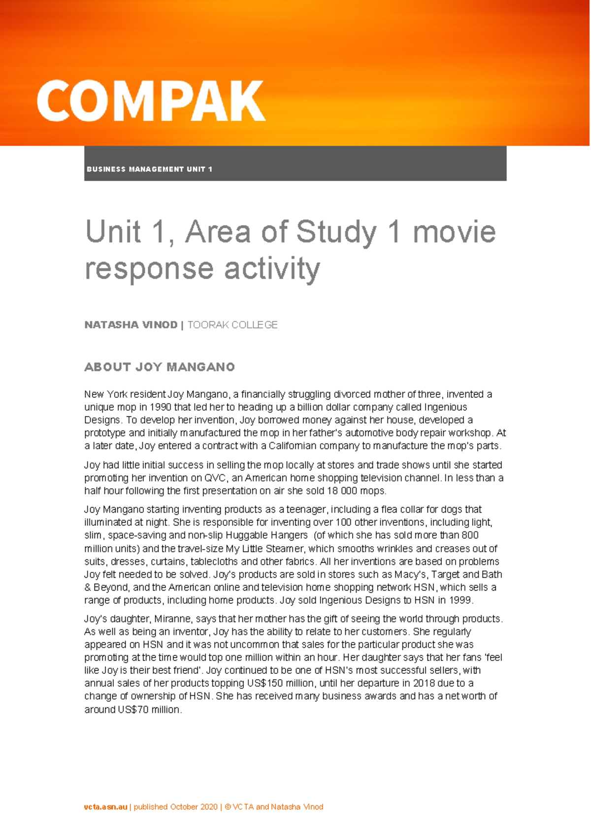 COMPAK BUSINESS MANAGEMENT UNIT 1: JOY Movie Response Worksheet - Studocu
