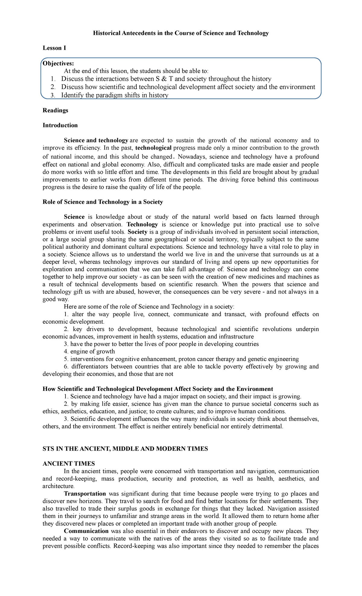 STS Lesson 1 - EFEF - Historical Antecedents in the Course of Science ...