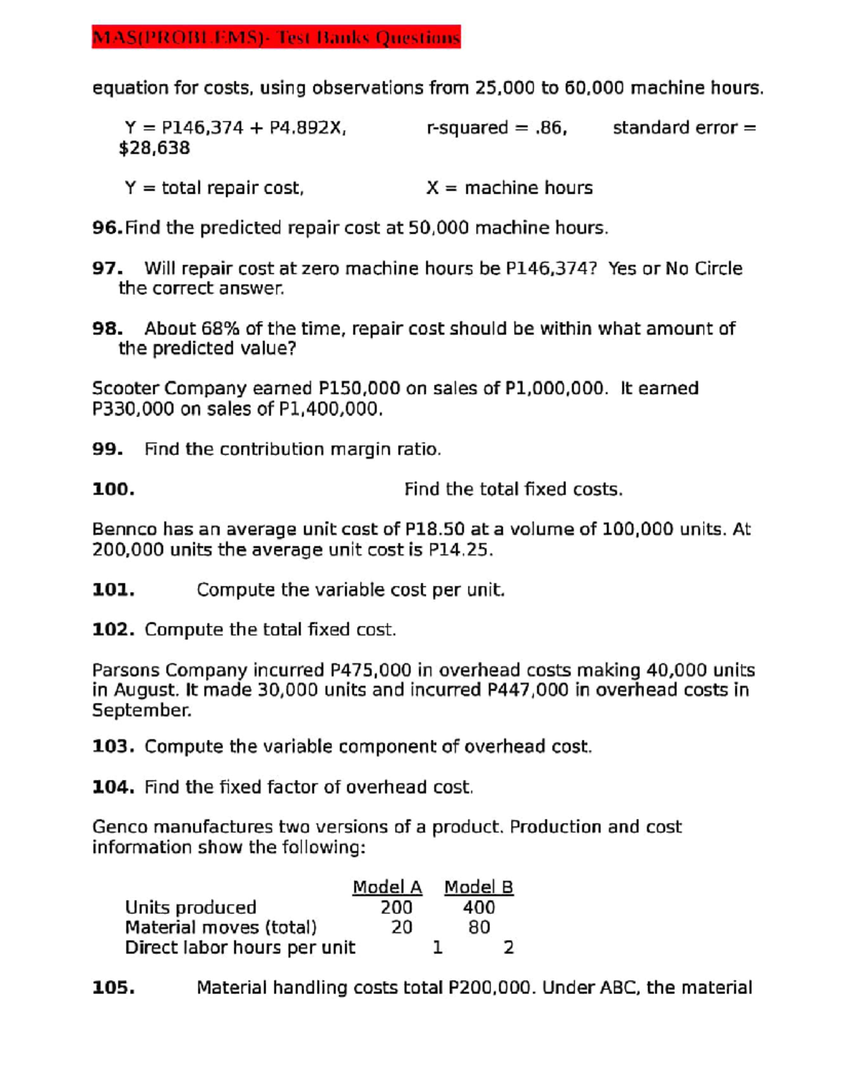 ACC837 297 - Test Bank Questions on Cost Analysis and Predictions - Studocu