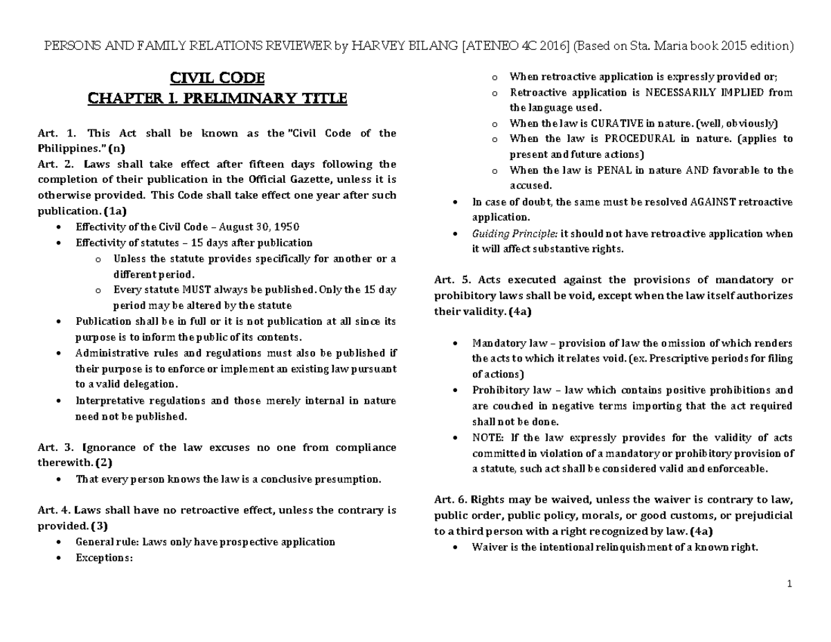 326600607 STA Review of Civil Code Chapters 1 and 2 - Studocu