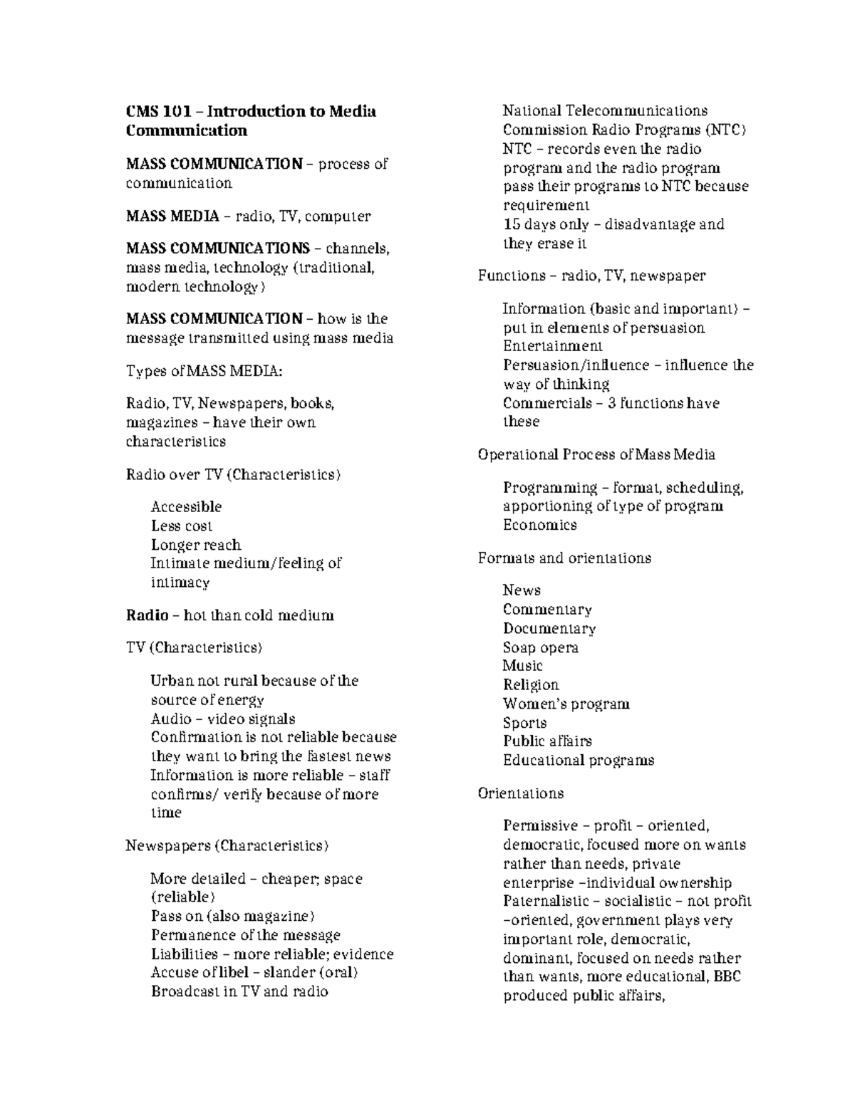 CMS 101 - Final Exam Notes on Introduction to Media Communication - Studocu
