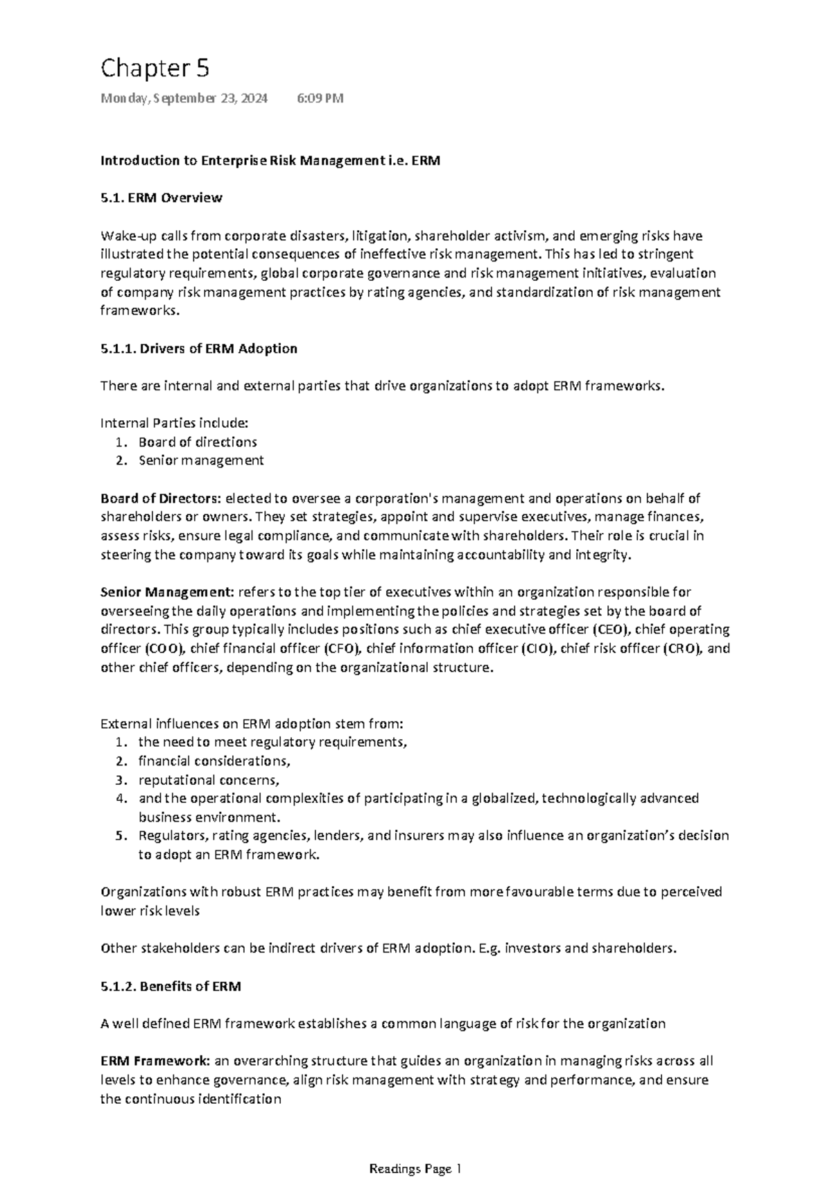 Chapter 5 - Enterprise Risk Management Overview and Frameworks - Studocu