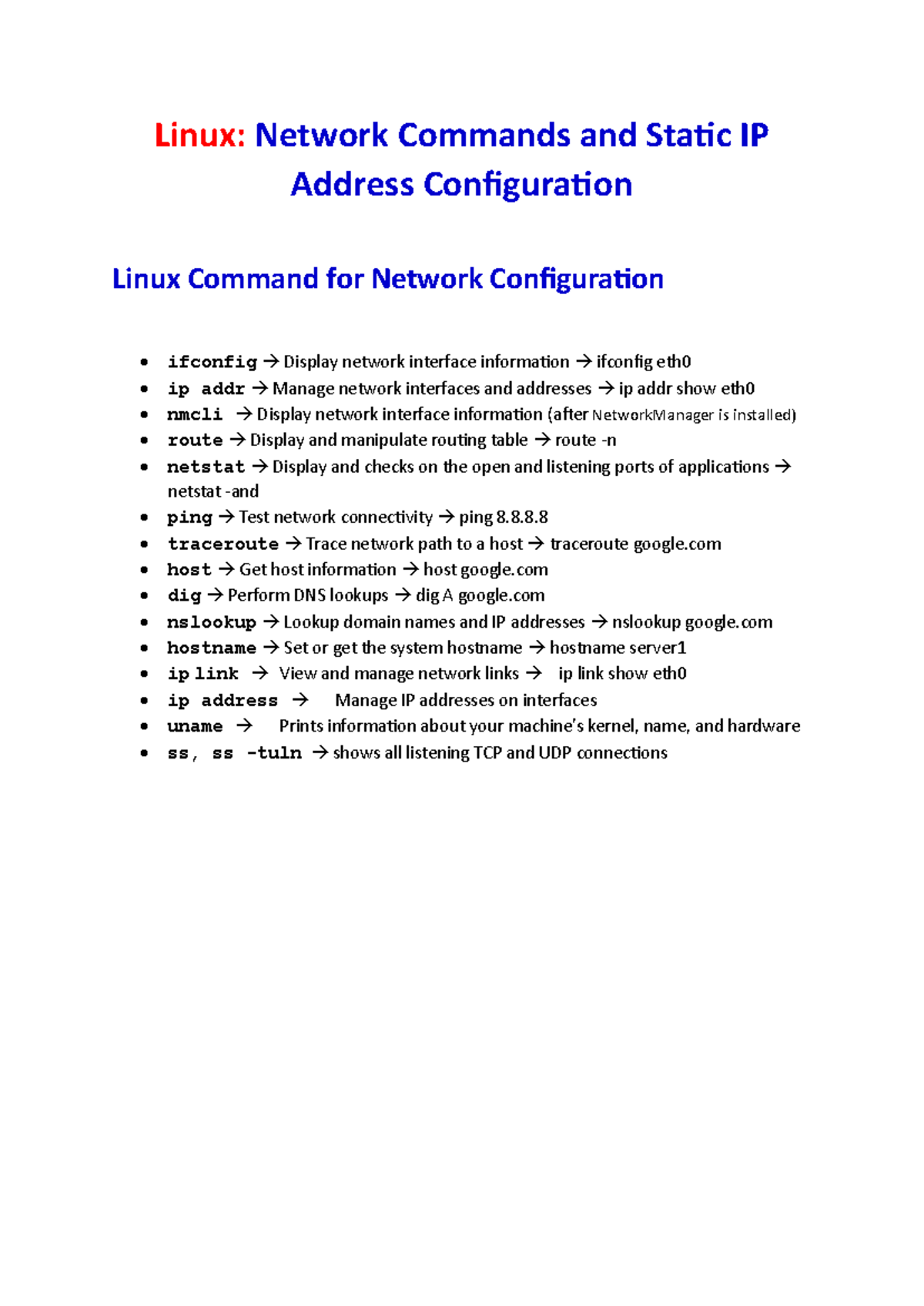 Lab 4b: Network Static IP Configuration (Linux Commands) - Studocu