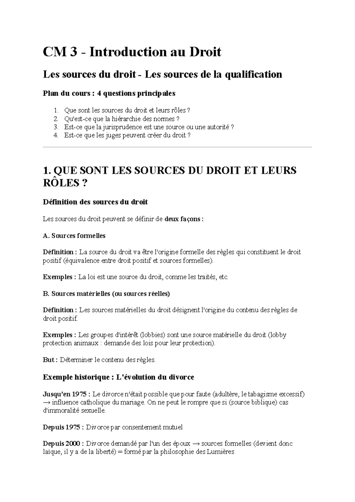 CM 3 Introduction au Droit : Les Sources et Rôles du Droit - Studocu