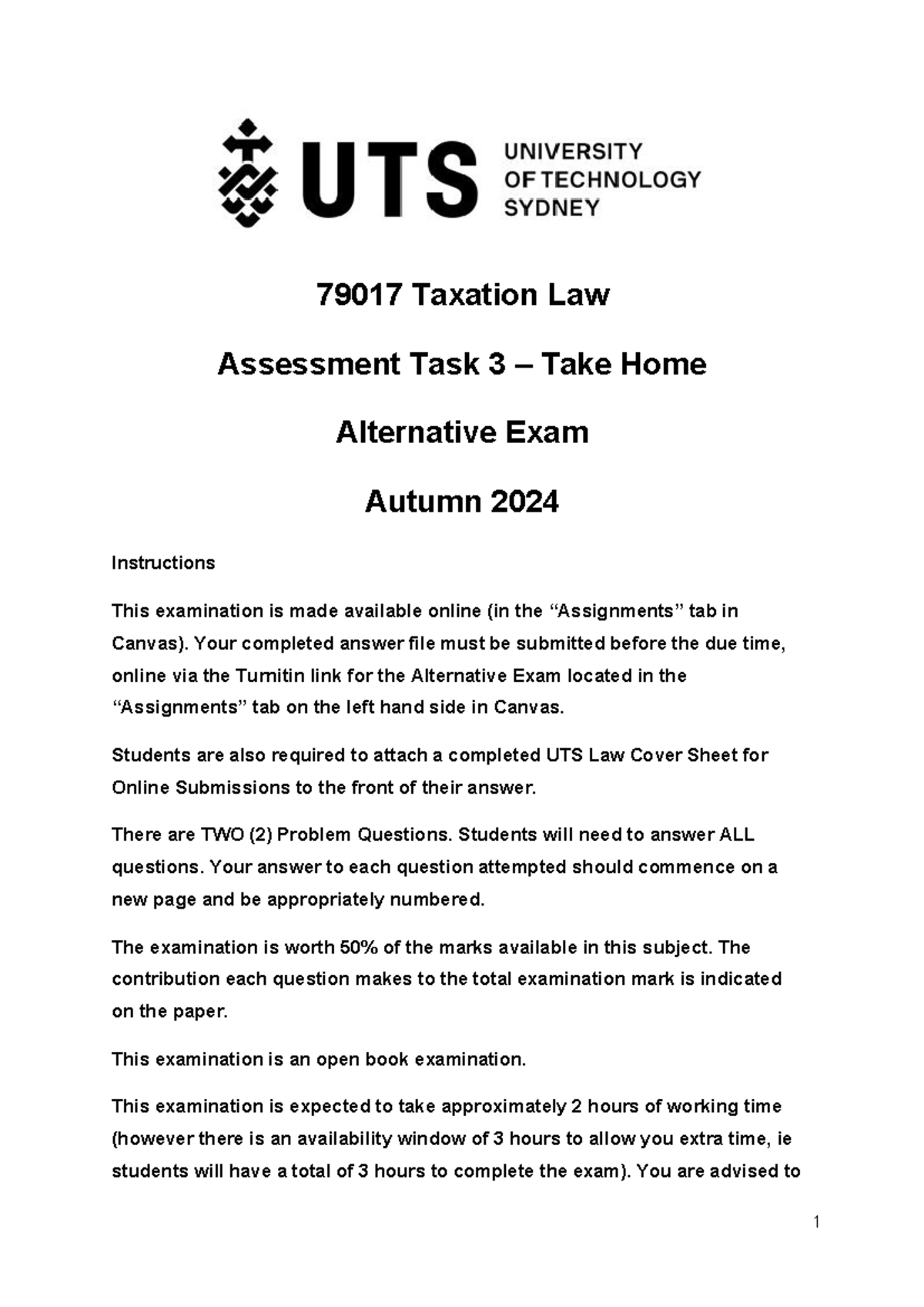 79017 AUT24 Alternative EXAM Paper - 79017 Taxation Law Assessment Task ...