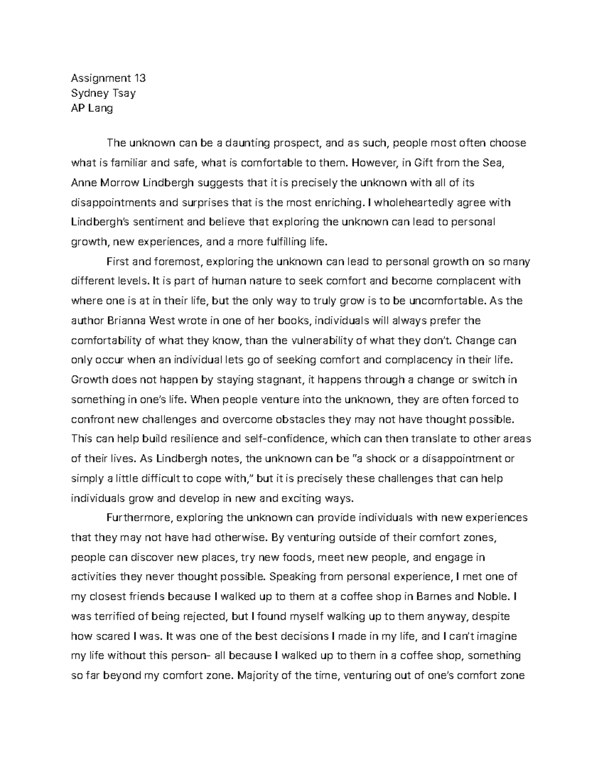 AP Lang Assignment 13: Exploring the Unknown for Personal Growth - Studocu