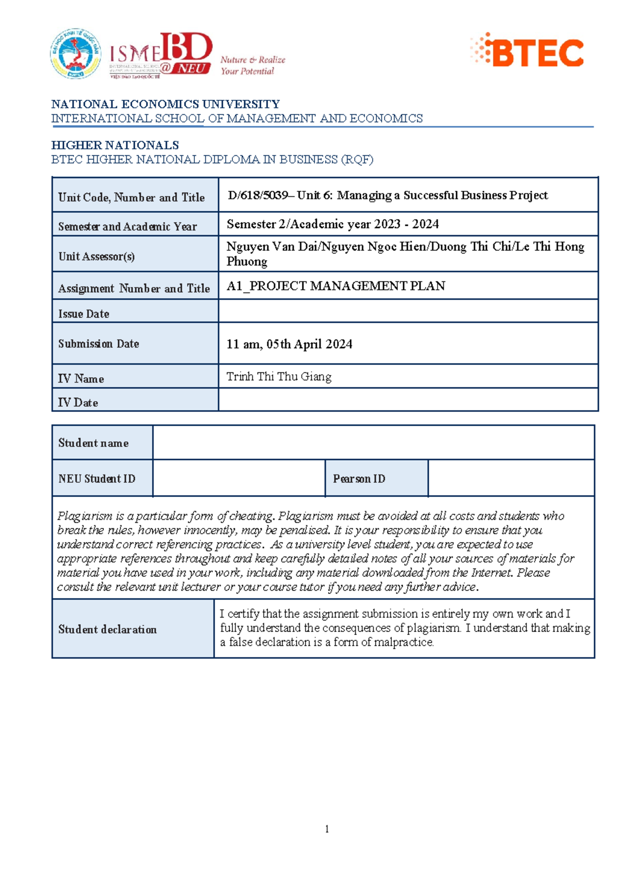 MSBP Assignment 1 - Project Management Plan Overview - SEM 2 2023-2024 ...