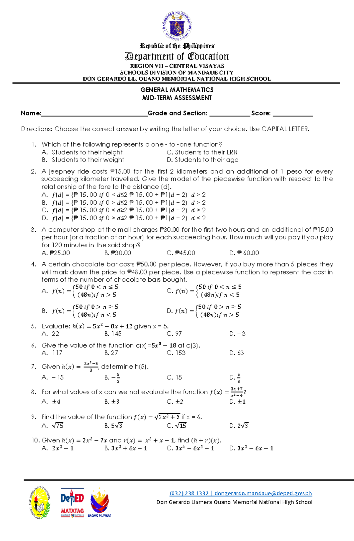 Midterm Exam Review: General Math (GMath 101) - 1st Quarter - Studocu