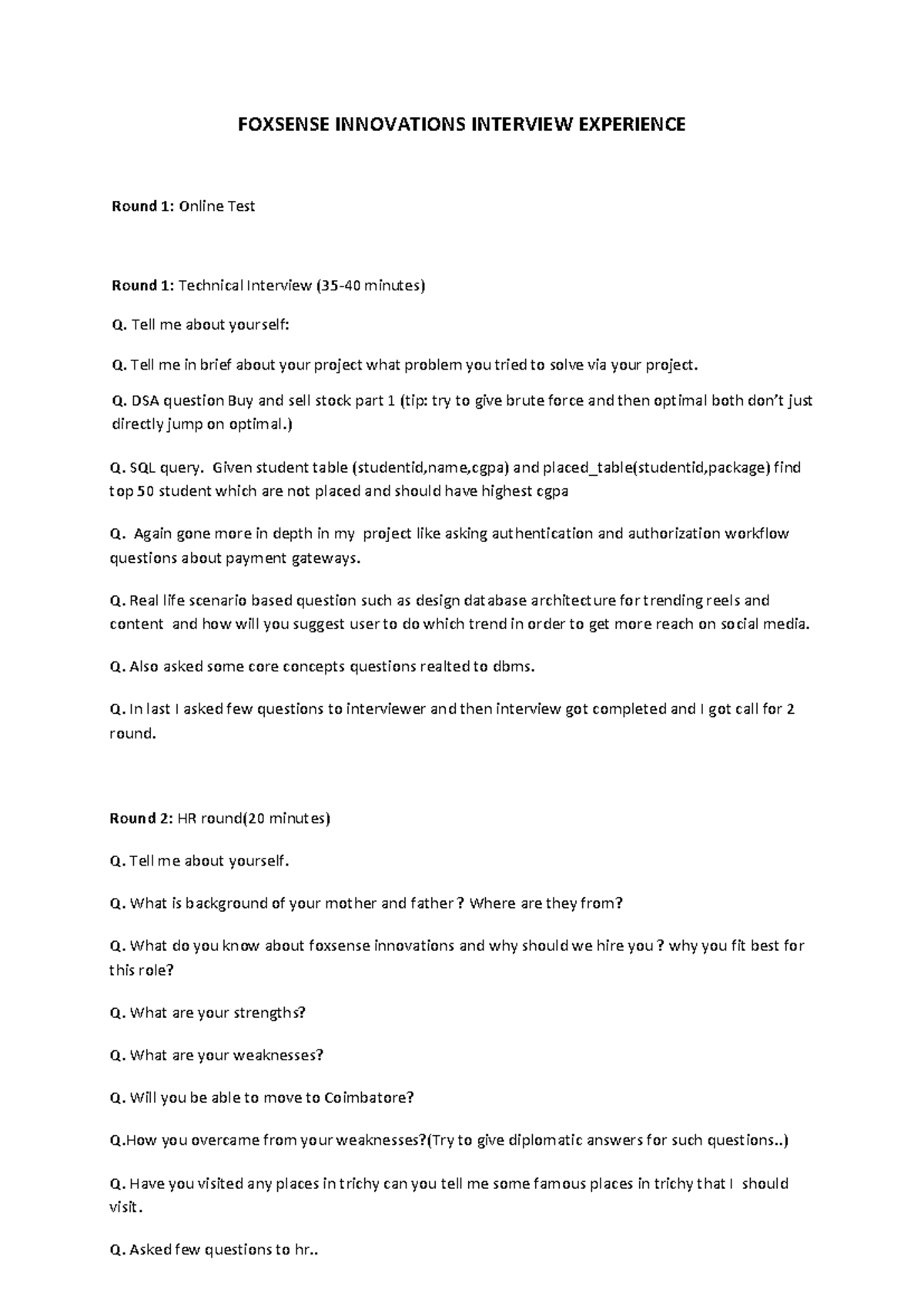 FOXSENSE INNOVATIONS Interview Experience: Rounds 1-3 Overview - Studocu