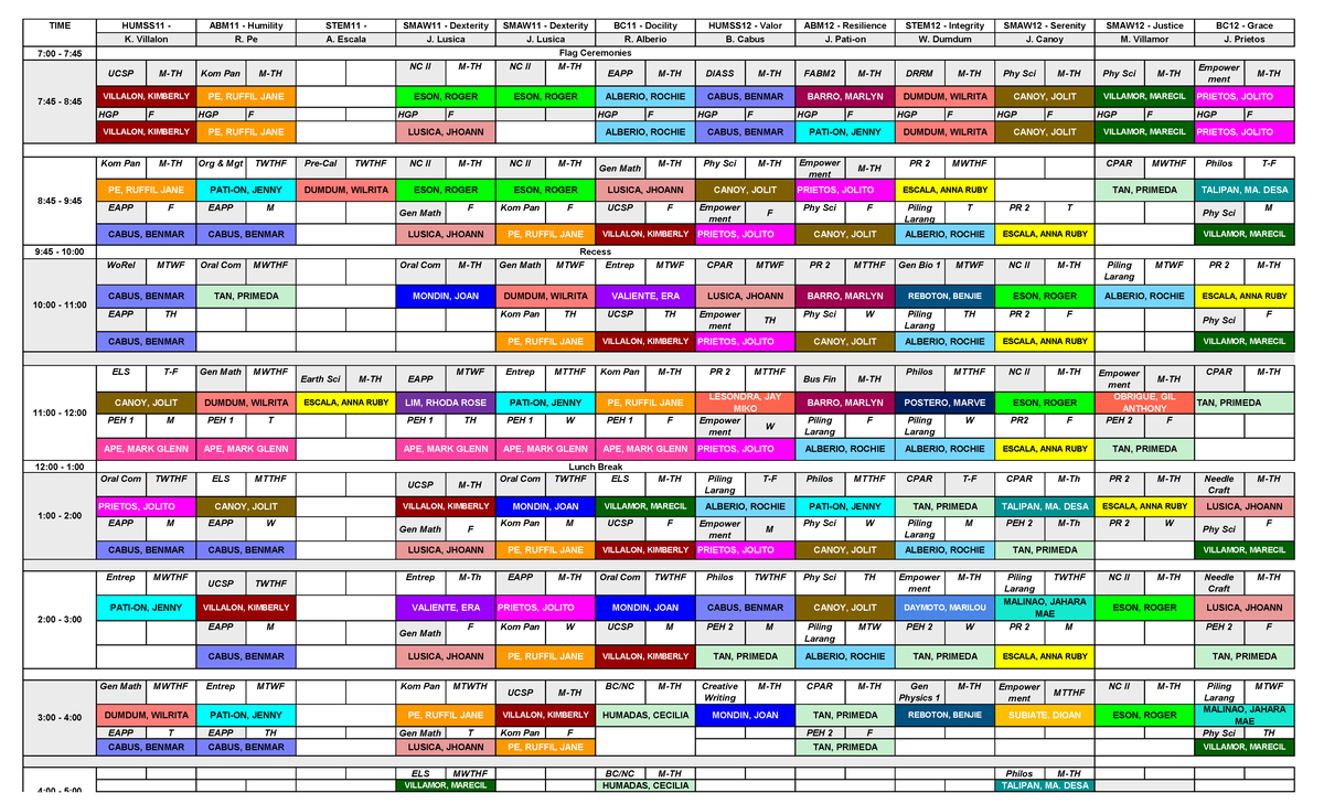 SHS Class Schedule V2: HUMSS11, ABM11, STEM11, SMAW11, BC11 - Studocu